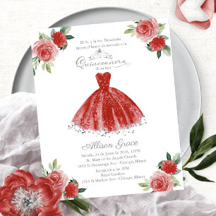 Budget Quinceanera-inbjudan Spansk röd klänning