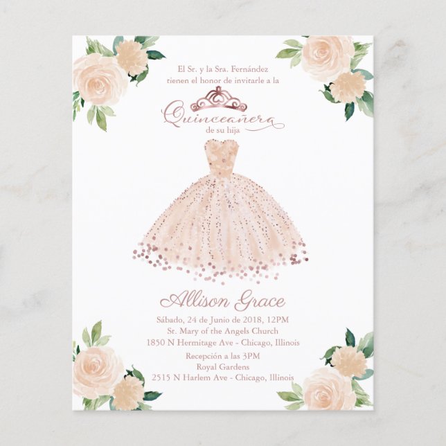 Budget Quinceanera-inbjudan Spansk rosafärgad klän (Framsida)