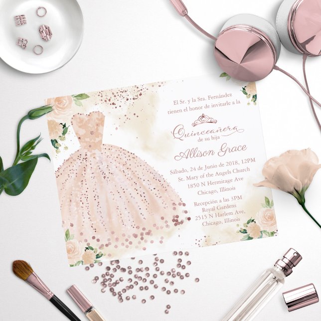 Budget Quinceanera-inbjudan Spansk Rose Gold (Skapare uppladdad)