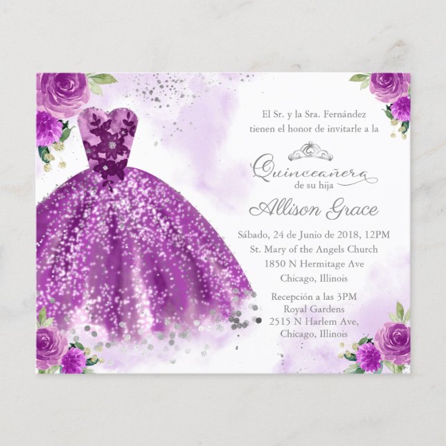 Budget Quinceanera-inbjudan Spanska Lila (Framsida)