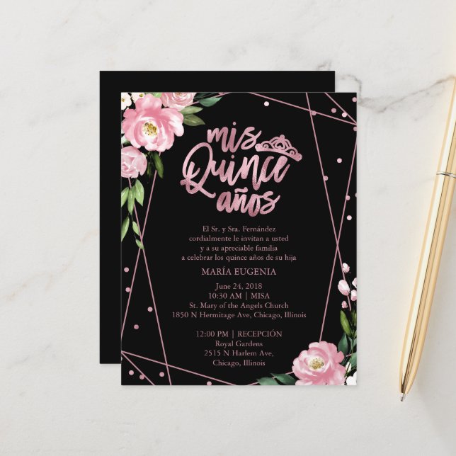 Budget Quinceañera-inbjudan spanska rosa svart (Fram/Back In Situ)