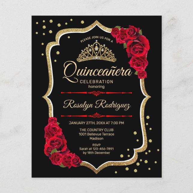Budget Quinceanera - inbjudan till Black Red Guld Flygblad (Framsidan)