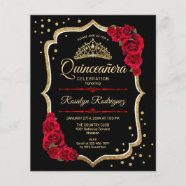 Budget Quinceanera - inbjudan till Black Red Guld Flygblad