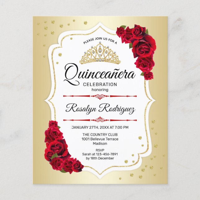 Budget Quinceanera - Inbjudan till Guld White Red Flygblad (Framsidan)