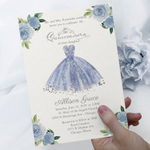 Budget Quinceanera-inbjudan tvåspråkig blå klännin