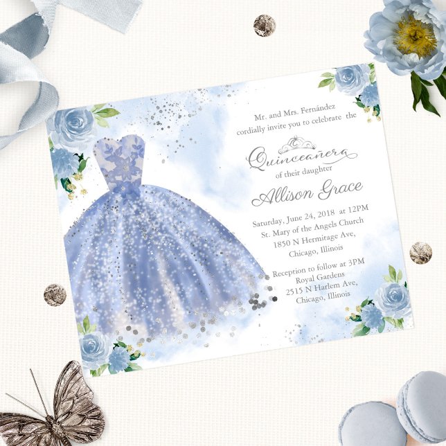 Budget Quinceanera-inbjudan Tvåspråkig Blå Klännin (Skapare uppladdad)