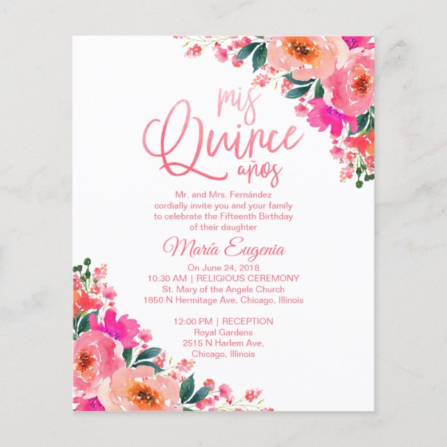 Budget Quinceañera-inbjudan Tvåspråkig Blommig (Framsida)