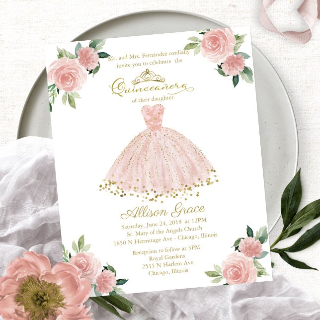 Budget Quinceanera-inbjudan Tvåspråkig Rosa Klänni (Skapare uppladdad)