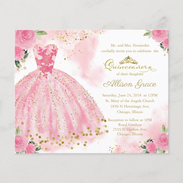 Budget Quinceanera-inbjudan Tvåspråkig Rosa Klänni (Framsida)