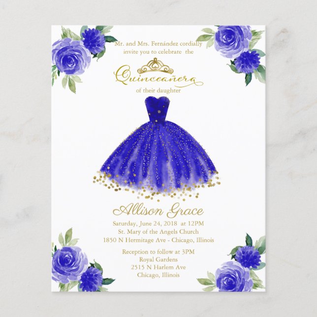 Budget Quinceañera-inbjudan Tvåspråkig Royal Blue (Framsida)
