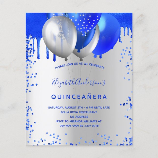 Budget Quinceanera kunglig blå silverinbjudan (Framsida)