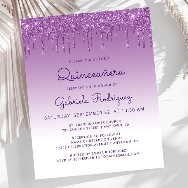Budget Quinceañera Lila Glitter Drip Inbjudan (Skapare uppladdad)
