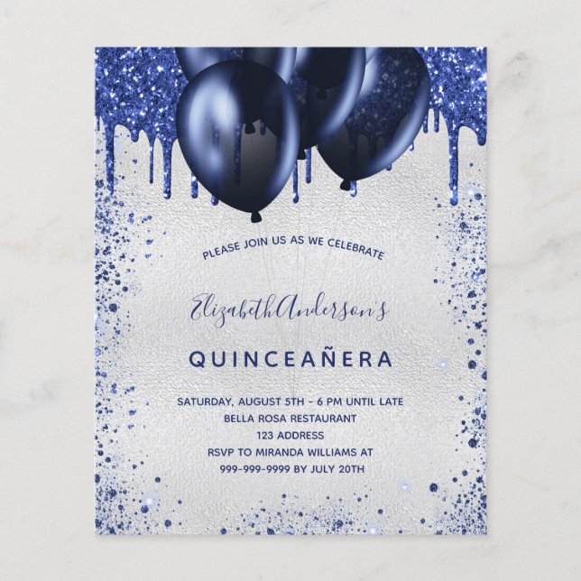 Budget Quinceanera marinblå silverinbjudan (Framsida)