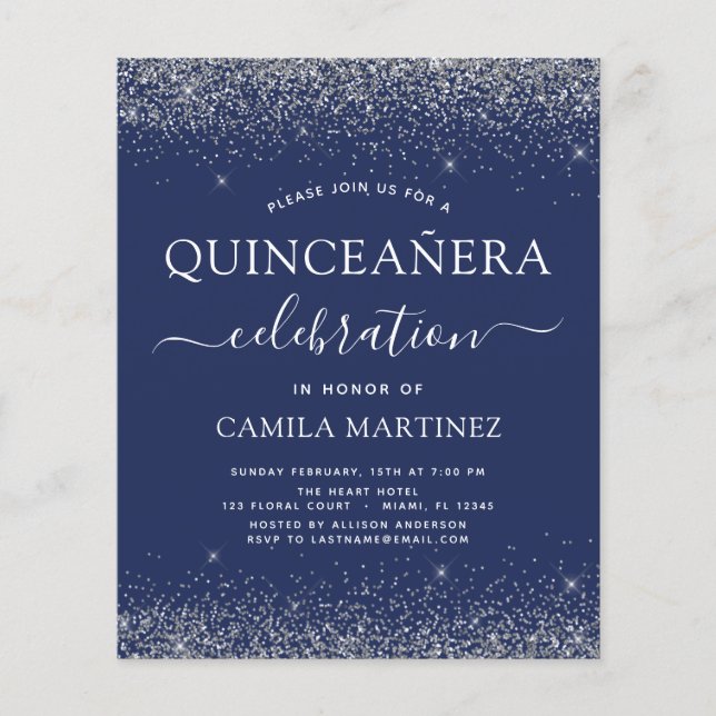 Budget Quinceanera Navy Blue Silver Glitter Flygblad (Framsidan)