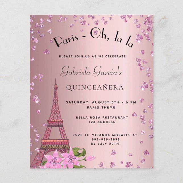 Budget Quinceanera Paris rosabruten inbjudan (Framsida)