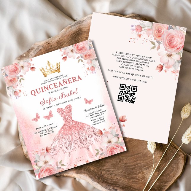 Budget Quinceañera QR-kod  Blommigt för Rosa Flygblad (Skapare uppladdad)