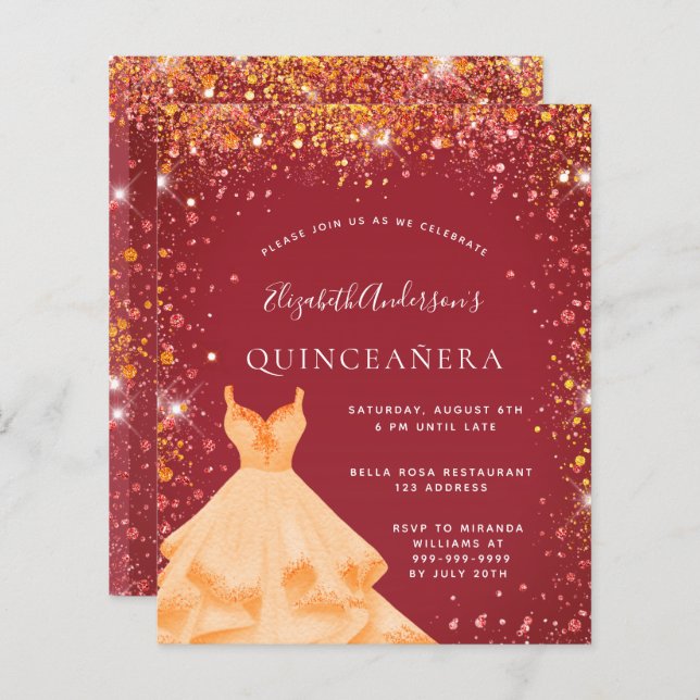 Budget Quinceanera red guld klänning glitter stoft (Fram/baksida)