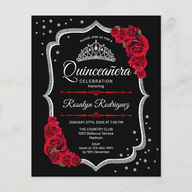 Budget Quinceanera - Röd inbjudan till Black Silve Flygblad (Framsidan)