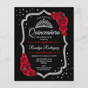 Budget Quinceanera - Röd inbjudan till Black Silve Flygblad