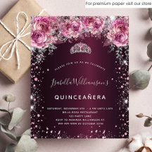 Budget Quinceanera rosa burgunderblommig inbjudan
