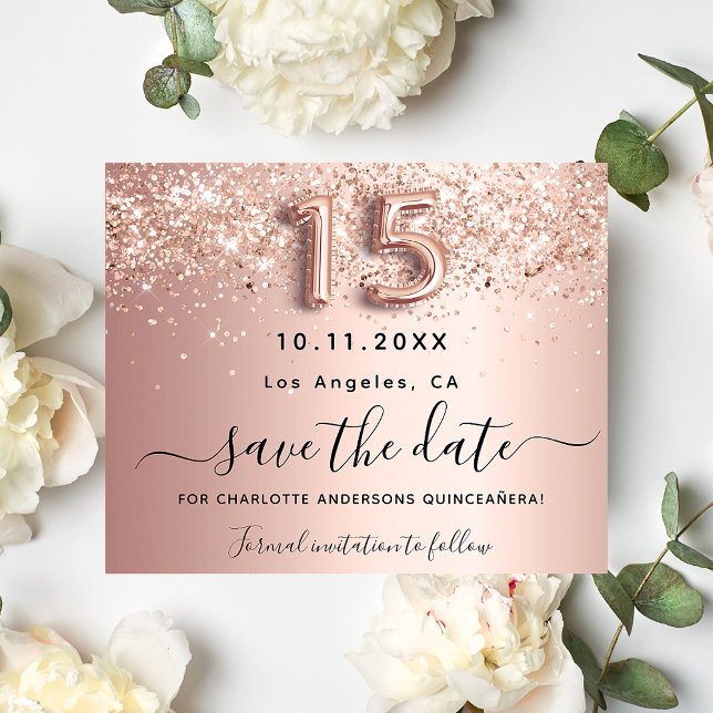 Budget Quinceanera rosa guld glitter spara datum (Skapare uppladdad)