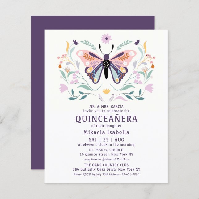 Budget Quinceañera Rosa Lila Butterfly Blommigt (Fram/baksida)
