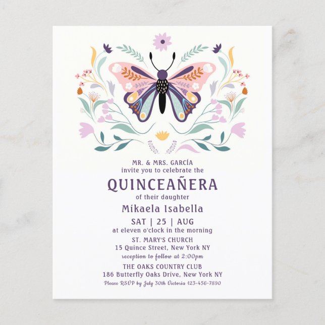 Budget Quinceañera Rosa Lila Butterfly Blommigt Flygblad (Framsidan)