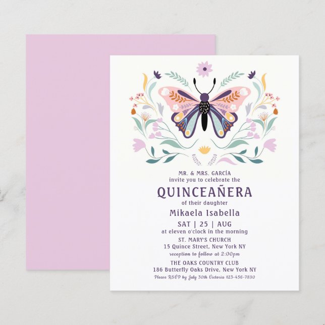 Budget Quinceañera Rosa Lila Fjäril Blommig (Fram/baksida)