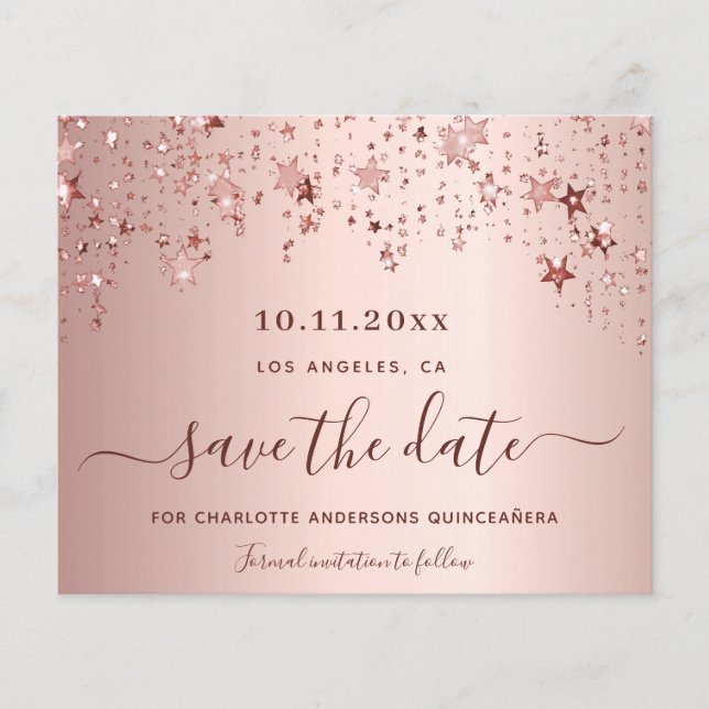 Budget Quinceanera roséguld rodnad Save the Date (Framsida)