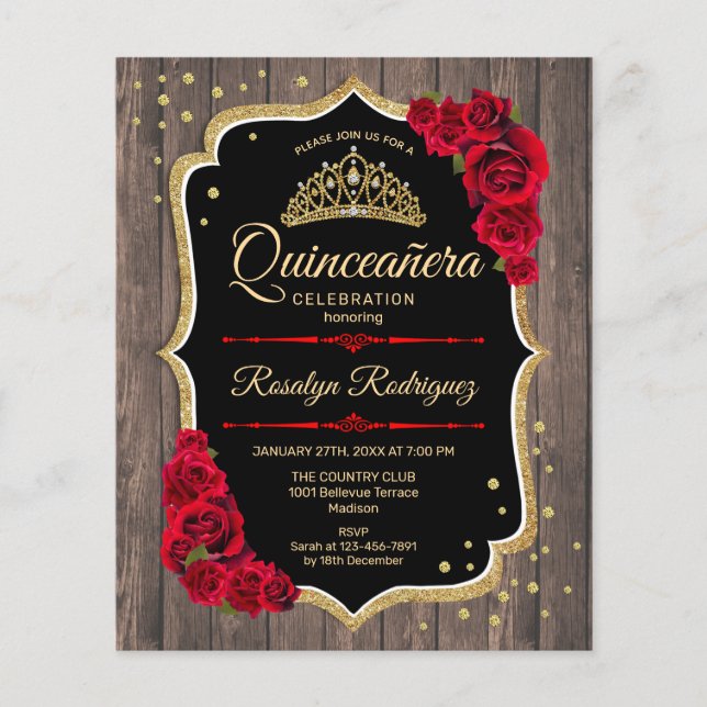 Budget Quinceanera Rustic Wood Guld Red-inbjudan Flygblad (Framsidan)