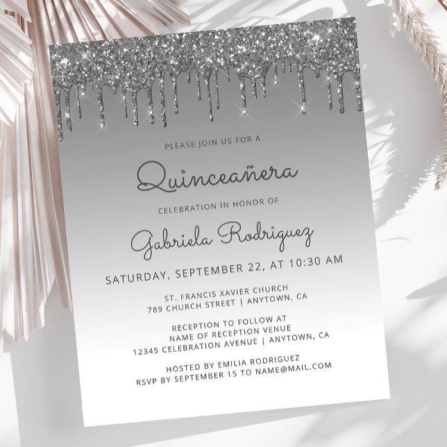 Budget Quinceañera Silver Glitter Drip Inbjudan (Skapare uppladdad)