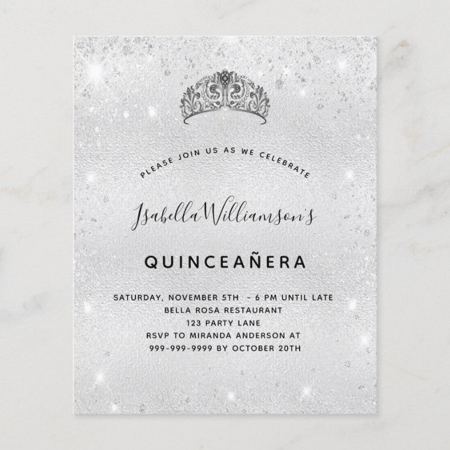 Budget Quinceanera silver glitter tiara-inbjudan (Framsida)