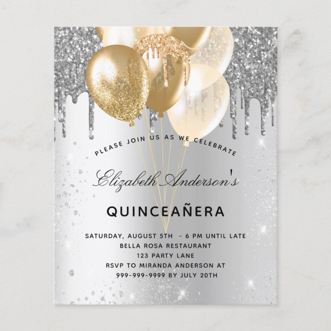 Budget Quinceanera silver guld ballonger glitter (Framsida)