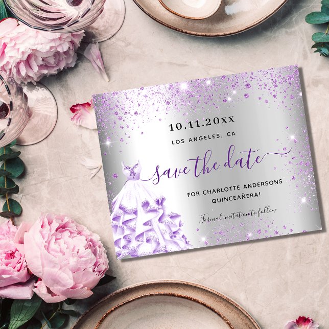 Budget Quinceanera silver lila save the date (Skapare uppladdad)