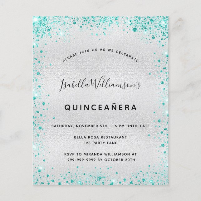 Budget Quinceanera silver teal glitter inbjudan (Framsida)