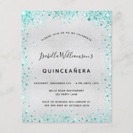 Budget Quinceanera silver teal glitter inbjudan