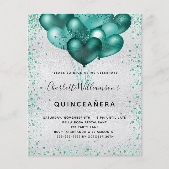 Budget Quinceanera silver teal glitter inbjudan (Framsida)