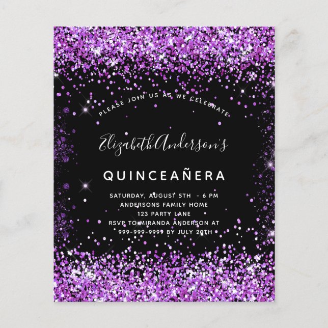 Budget Quinceanera svart lila glitter inbjudan (Framsida)
