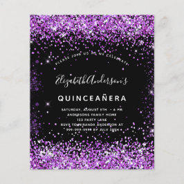 Budget Quinceanera svart lila glitter inbjudan