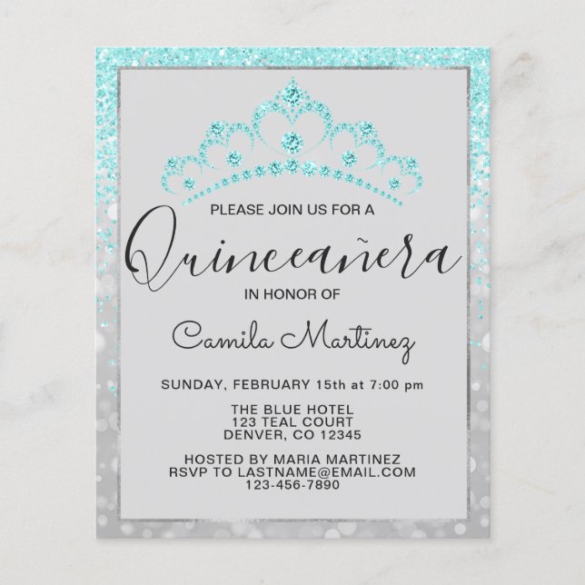 Budget Quinceanera Teal Blue Girly Glitter Flygblad (Framsidan)