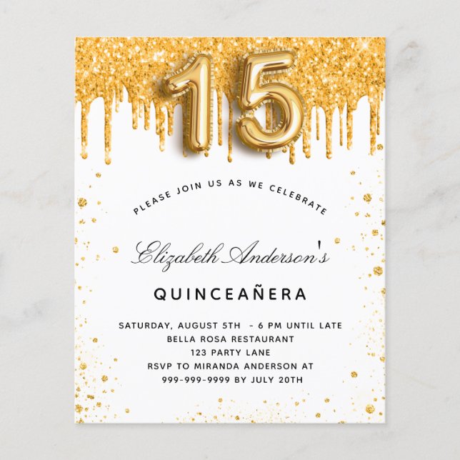Budget Quinceanera vit guld festinbjudan (Framsida)