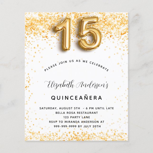 Budget Quinceanera vit guld glitter inbjudan (Framsida)