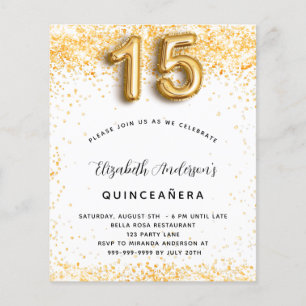Budget Quinceanera vit guld glitter inbjudan