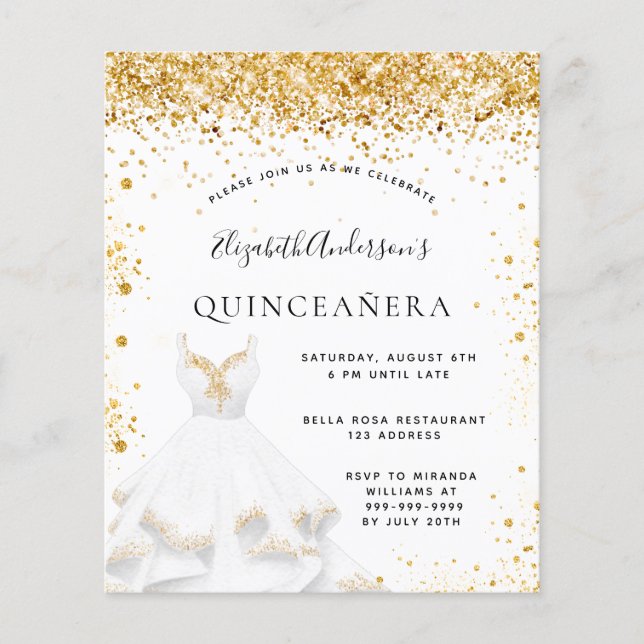 Budget Quinceanera vit guld-klänningsinbjudan (Framsida)