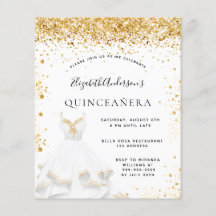 Budget Quinceanera vit guld-klänningsinbjudan