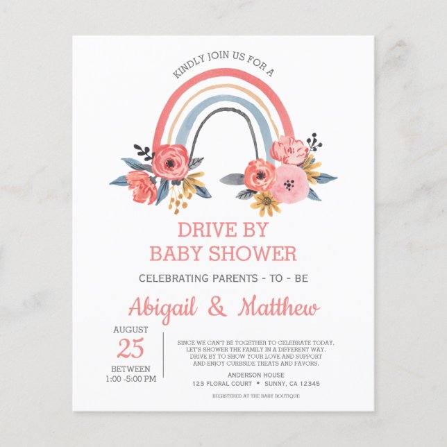 BUDGET Rainbow Drive By Baby Shower Inbjudan Flygblad (Framsidan)