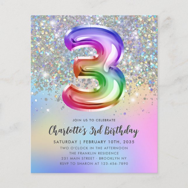 Budget Rainbow Glitter Foil Balloon 3:e födelsedag (Framsida)