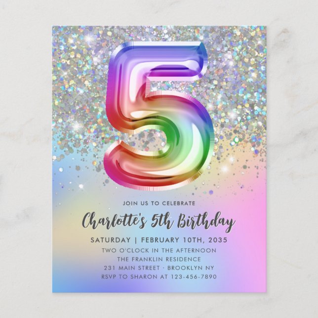 Budget Rainbow Glitter Foil Balloon 5:e födelsedag (Framsida)