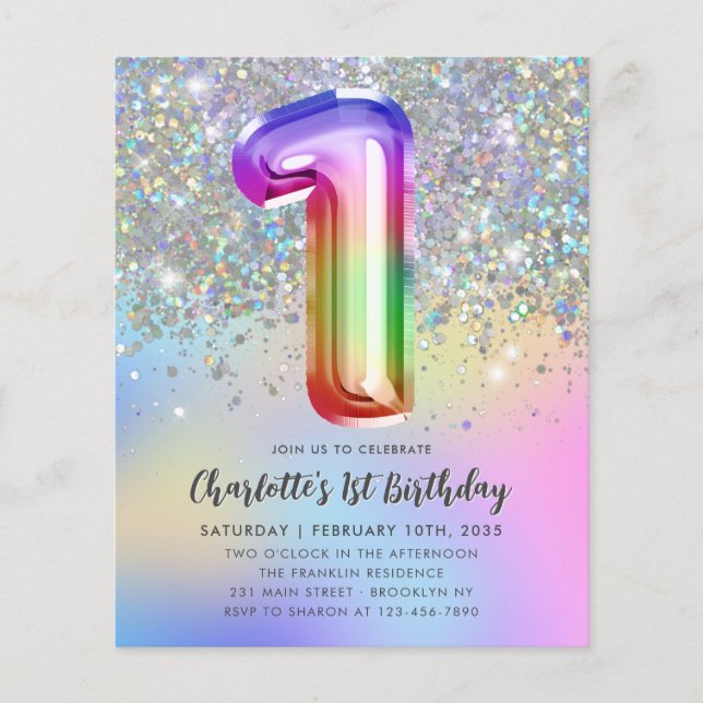 Budget Rainbow Glitter Foil Girl 1:a födelsedagen (Framsida)
