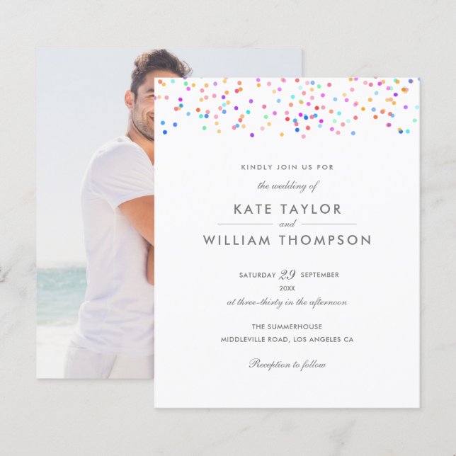 Budget Rainbow Konfetti Foto Bröllopsinbjudan (Fram/baksida)